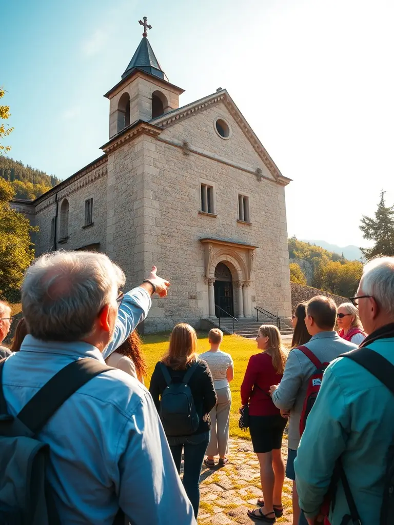 A photograph showing members of the SOCIETE HISTORIQUE DU CANTON DE LIVAROT ET DE SES ENVIRONS leading a guided tour of a historical landmark in Livarot, engaging the public with local heritage.