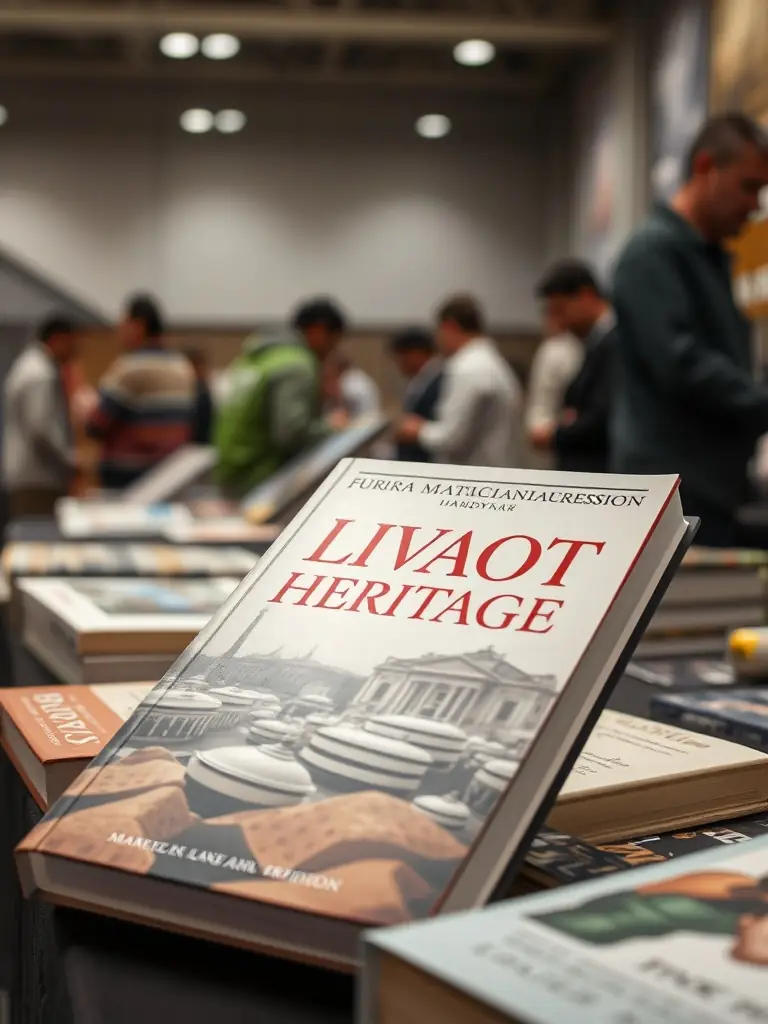A photograph of the SOCIETE HISTORIQUE DU CANTON DE LIVAROT ET DE SES ENVIRONS's latest publication, a book detailing the history of a local landmark, displayed prominently at a book fair.