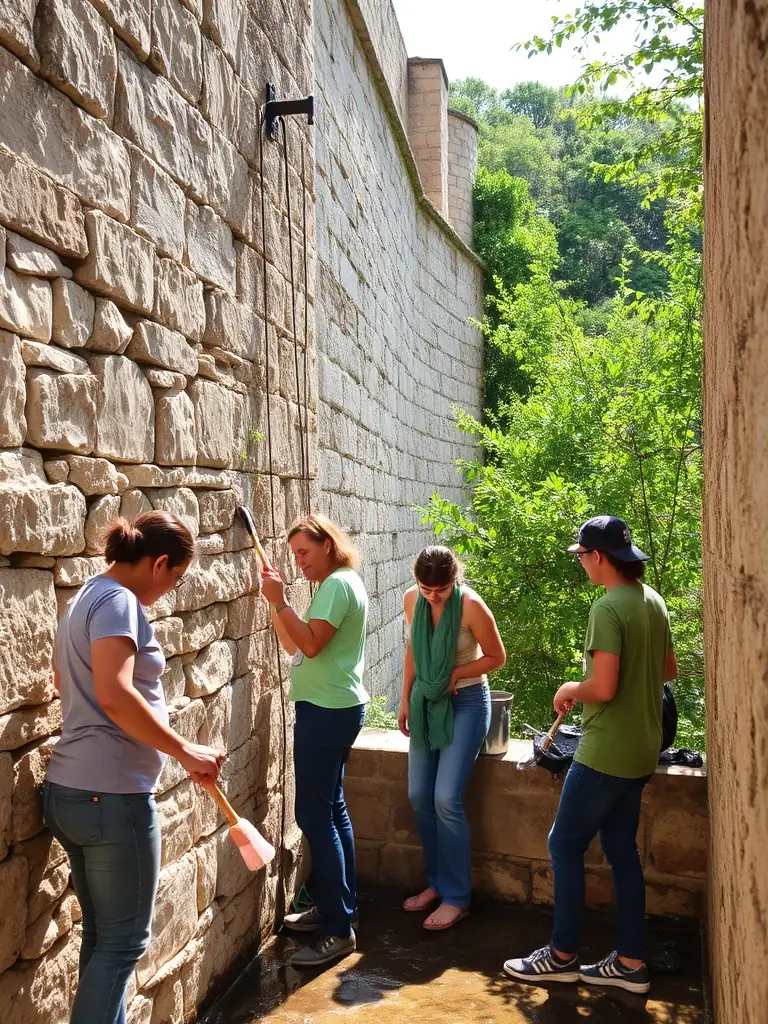 A photograph capturing volunteers cleaning and restoring an old historical marker in Livarot, showcasing the organization's commitment to preserving local landmarks.