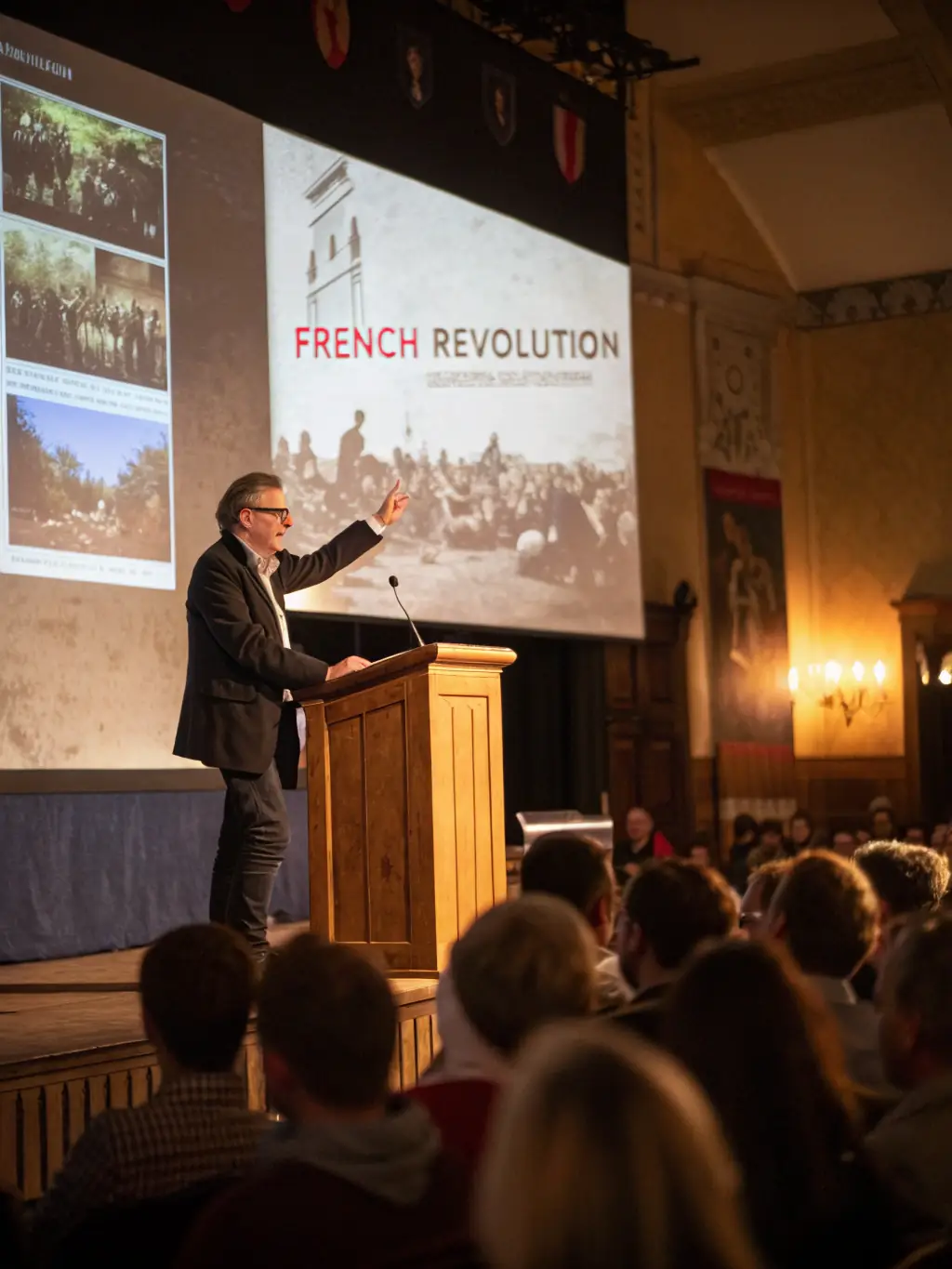 An image of a well-attended public lecture on the history of Livarot, organized by the SOCIETE HISTORIQUE, with a historian presenting archival documents.