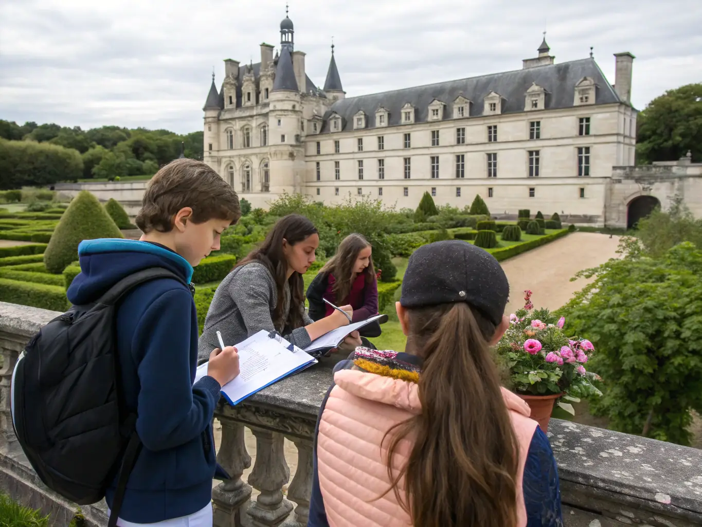 A photo of students on a guided tour of a historical site, led by a member of the SOCIETE HISTORIQUE, emphasizing the organization's educational outreach.