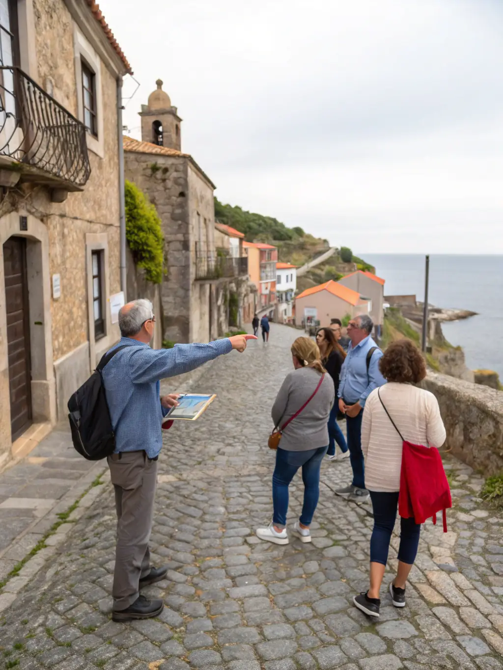 A photograph of a guided tour of historical sites in Livarot, led by a knowledgeable member of the SOCIETE HISTORIQUE.
