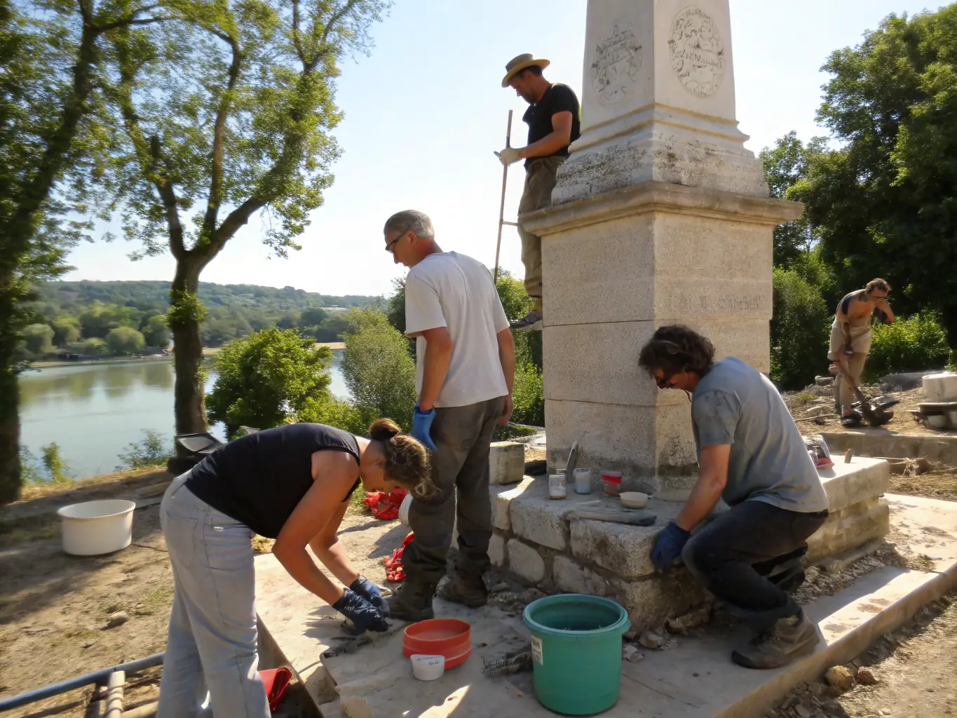 A photograph capturing a group of volunteers working diligently to restore an old historical building in Livarot, showcasing the organization's commitment to preserving local architecture.