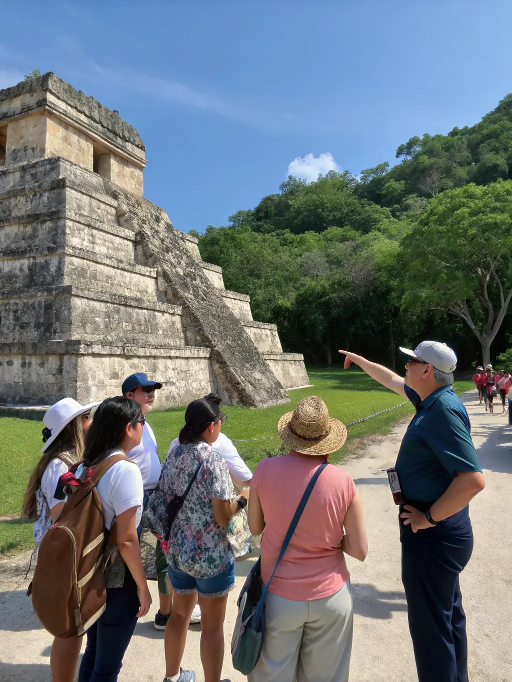 A photo of a guided tour group visiting a historical site in the Livarot region, led by a knowledgeable guide.