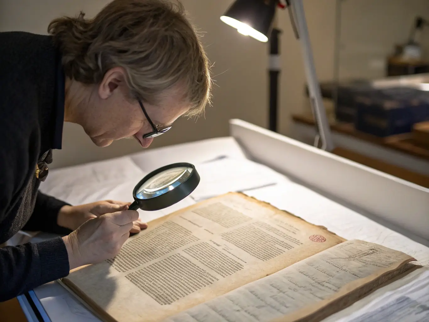 A photograph depicting volunteers meticulously restoring an old historical document in the SOCIETE HISTORIQUE DU CANTON DE LIVAROT ET DE SES ENVIRONS archive, showcasing the organization's dedication to preserving local heritage.