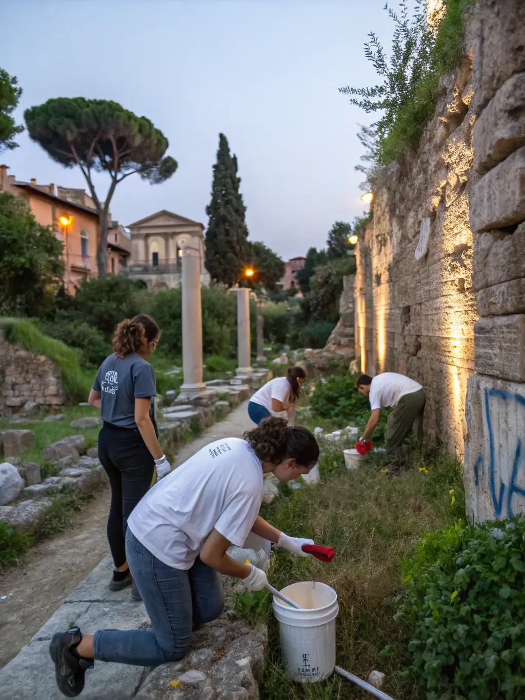 A photograph depicting a group of volunteers cleaning and restoring an old historical monument in Livarot, showcasing the hands-on preservation work undertaken by the SOCIETE HISTORIQUE.
